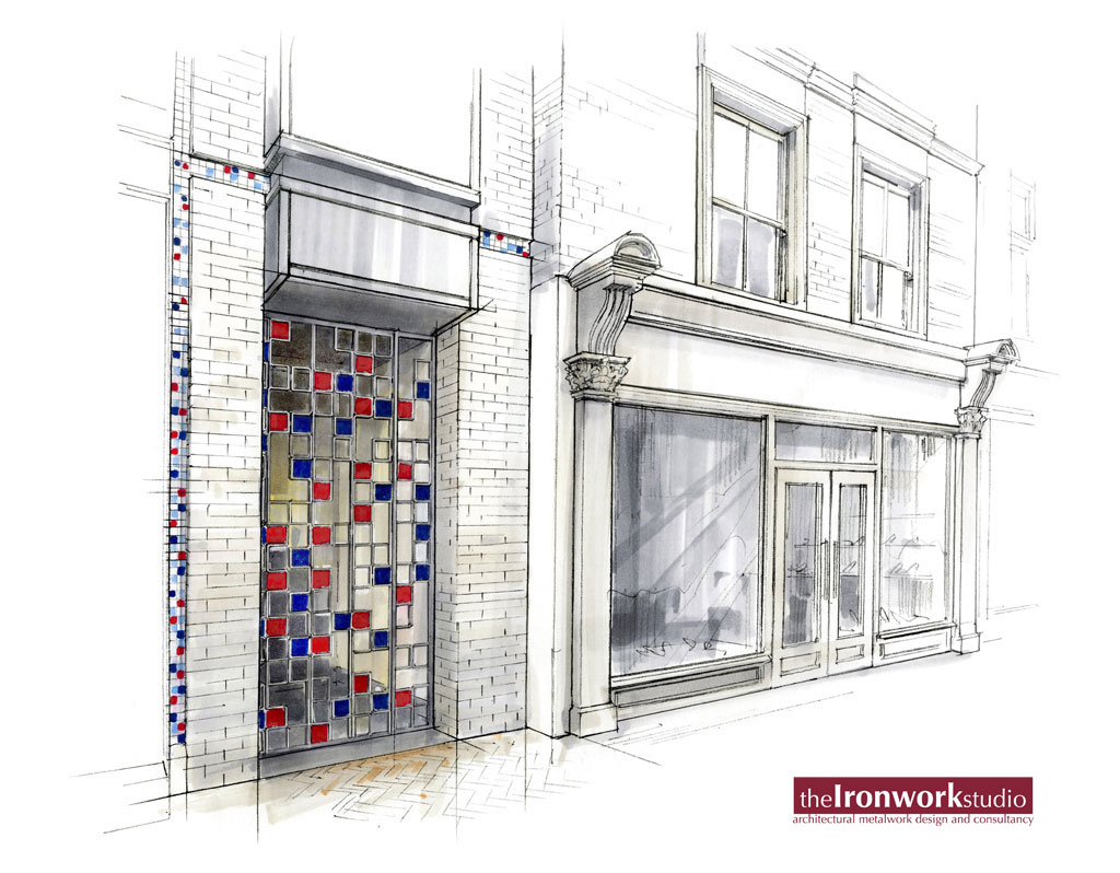 Gates on Carnaby Street, London. Contemporary metalwork design by the Ironwork Studio to reflect the heritage of the area in the 60's.